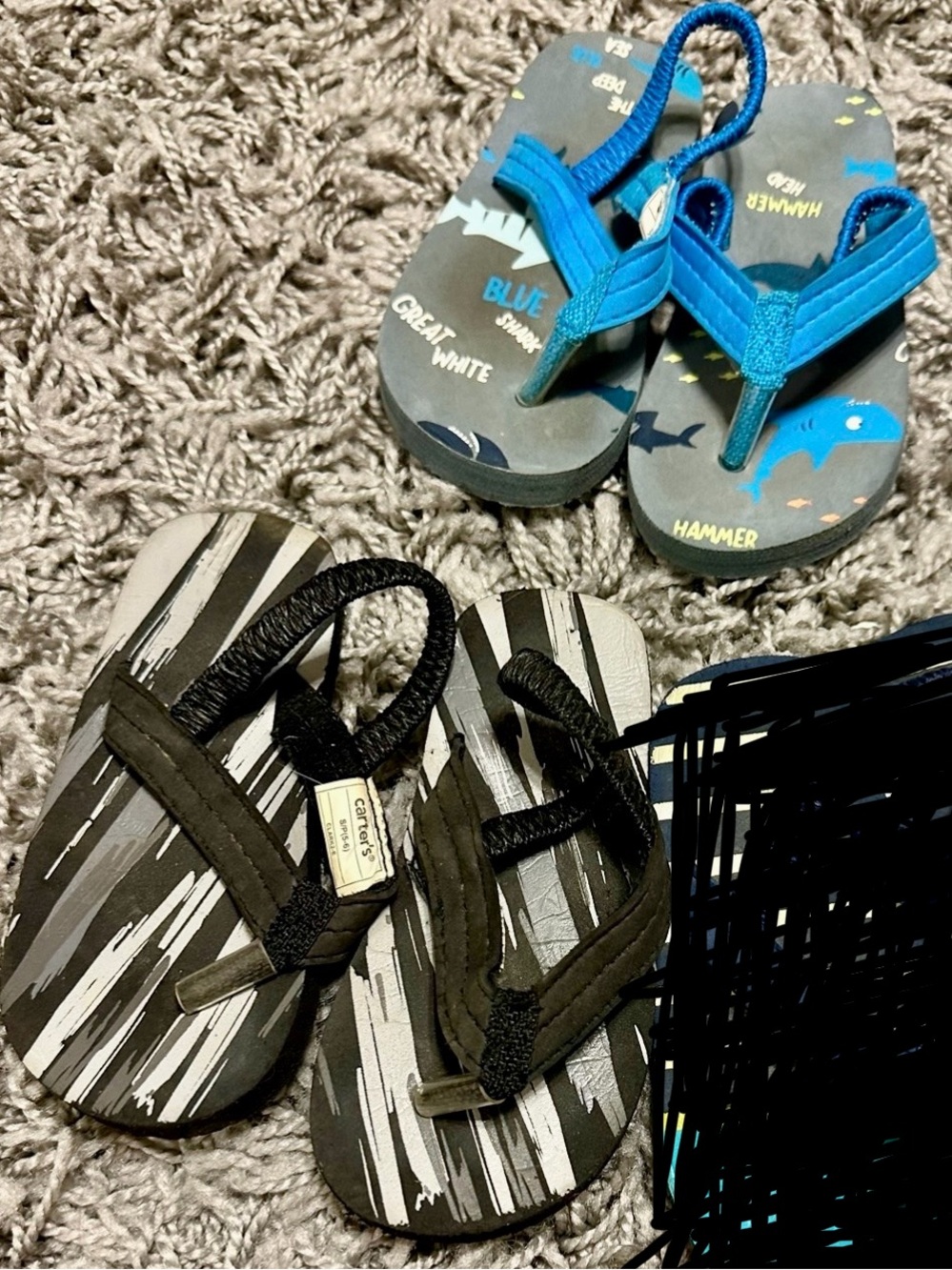 2 Pairs of Carter's Black & Gray Striped and Blue and Grey Shark Kids Flip Flops